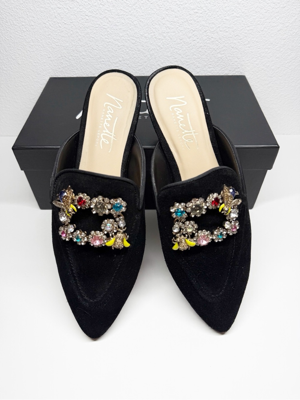Nanette Lepore Gillian Floral Bee Rhinestone Suede Mules